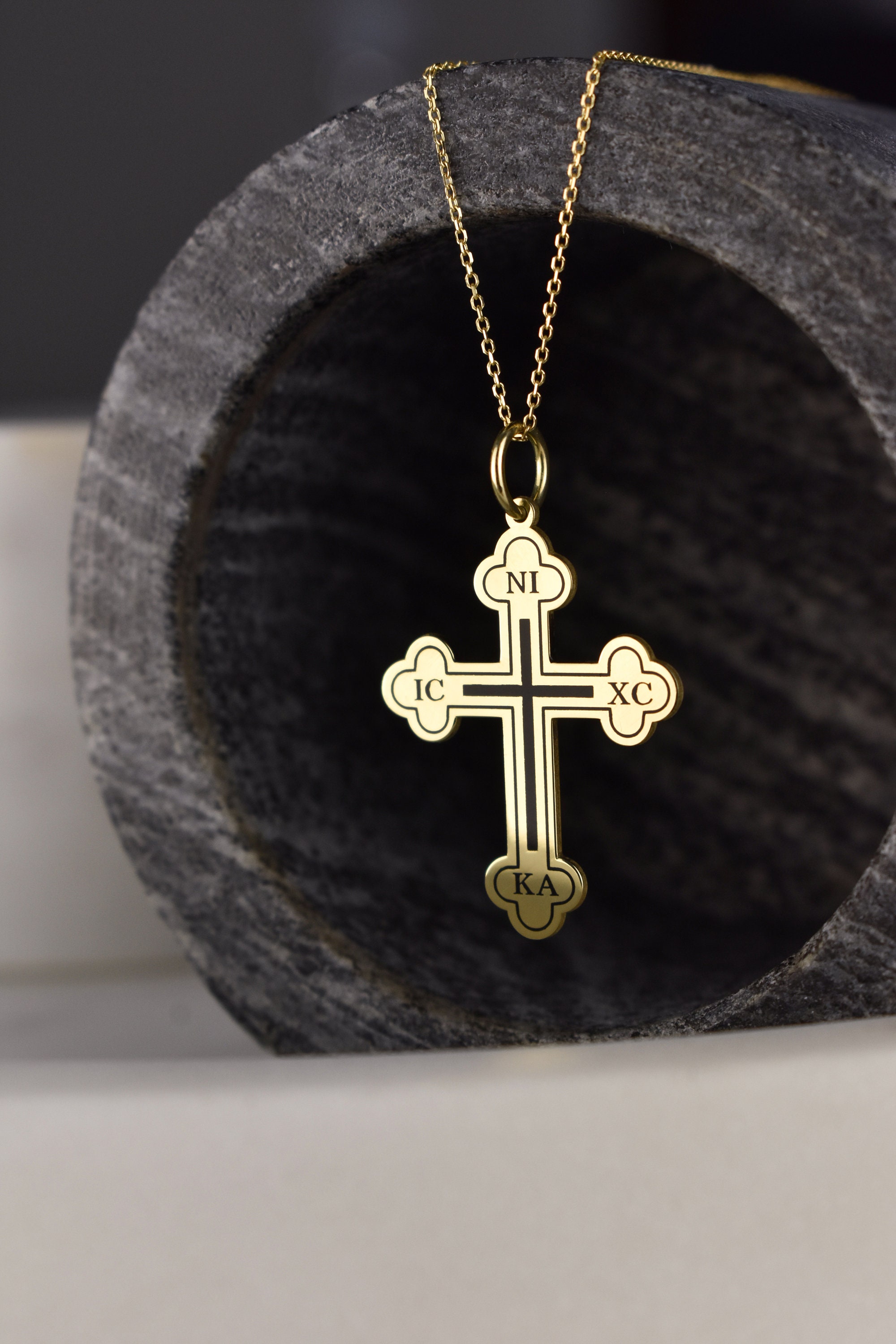 14K Solid Gold ICXC NIKA Cross Necklace, Jesus Christ Conquer