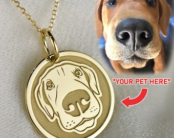 14K Gold Custom Pet Photo Necklace, Engraved Dog Necklace, Pet Memorial Gifts, Personalized Pet Jewelry, Gold Pet Portrait Pendant Necklace