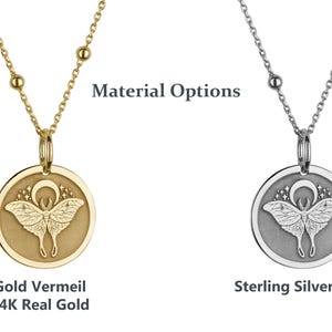 May include: Two necklaces with a moon and moth pendant. The necklace on the left is gold vermeil with a 14K real gold pendant. The necklace on the right is sterling silver 925 with a silver pendant.