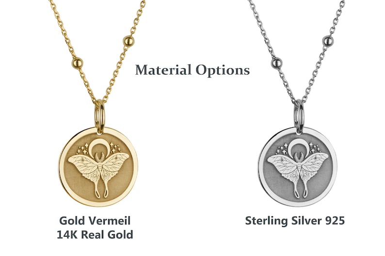May include: Two necklaces with a moon and moth pendant. The necklace on the left is gold vermeil with a 14K real gold pendant. The necklace on the right is sterling silver 925 with a silver pendant.