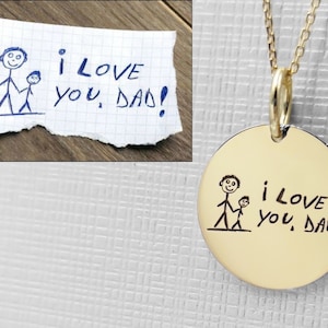 14K Gold Kid&#39;s Drawing Necklace, Custom Children&#39;s Artwork Pendant, Personalized Gift for Mom, Actual Kid&#39;s Drawing Jewelry, Child Art Gift
