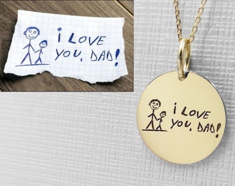 14K Gold Kid&#39;s Drawing Necklace, Custom Children&#39;s Artwork Pendant, Personalized Gift for Mom, Actual Kid&#39;s Drawing Jewelry, Child Art Gift