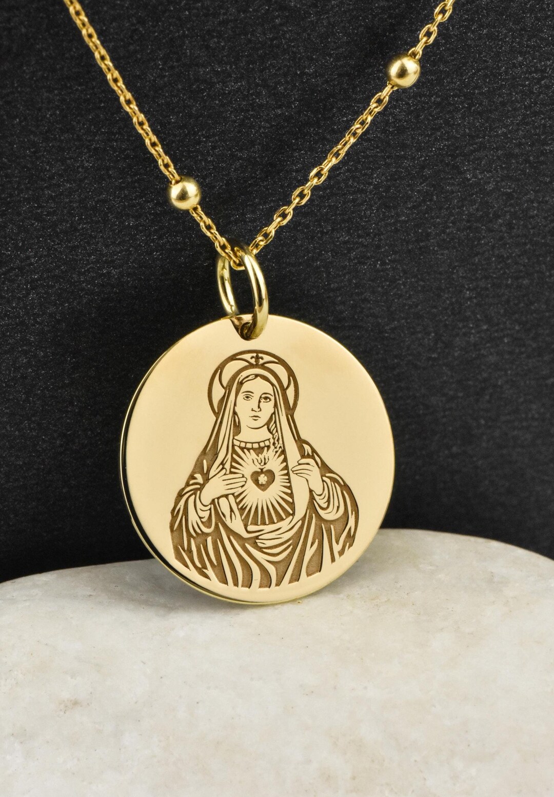 14K Solid Gold Virgin Mary Necklace, Heart of Mary Pendant ...