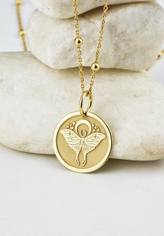 14K Solid Gold Moth Necklace, Luna Moth Pendant, Death Moth Medallion, Personalized Gift, Insect Butterfly Jewelry, Round Gold Coin Necklace