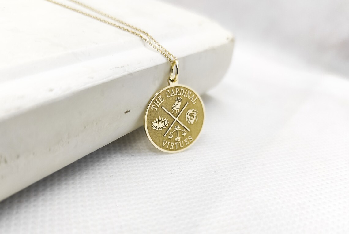 14K Gold Cardinal Virtues Necklace Stoicism Pendant Catholic Etsy