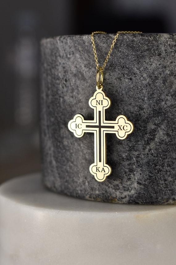 14K Solid Gold ICXC NIKA Cross Necklace, Jesus Christ Conquer