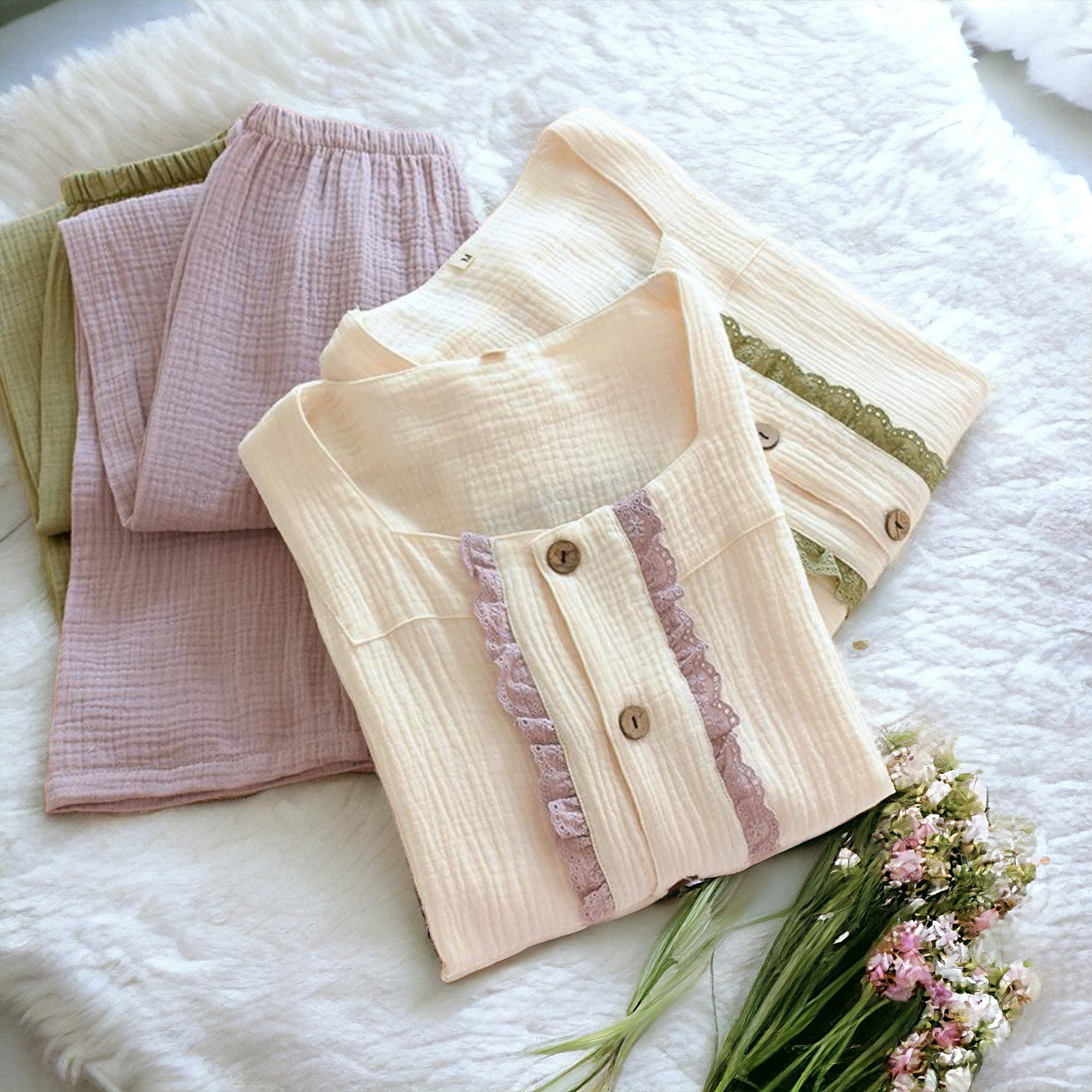 Women Summer Flower Jacquard Gauze Pajamas Set