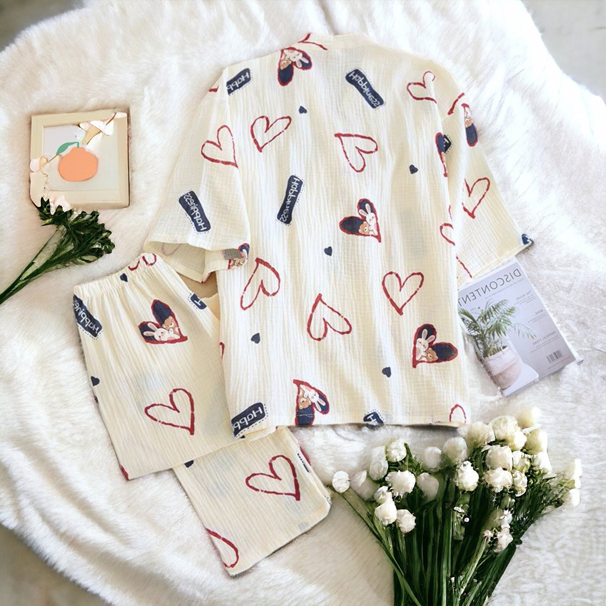 Women Summer Crane Jacquard Gauze Pajamas Set