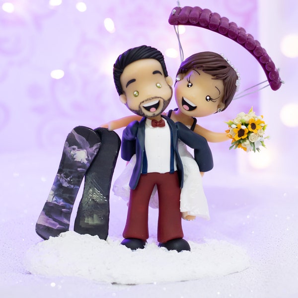 Custom Wedding Cake Topper, Couple Anime Chibi Bride and Groom Figurines, Wedding Centerpiece Wedding Decoration Snowboarding and Parachutes