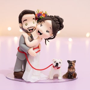 Bride and Groom with Dog and Cat - Wedding cake topper - Custom Wedding Clay Figurines & Wedding Keepsake - Customized