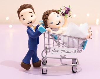 Traditional Wedding Cake Topper Figurines with Shopping Cart