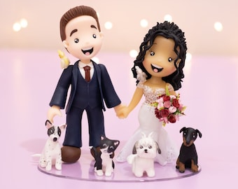 Wedding Cake Topper Bride and Groom with Dog, Cat and Bird - Custom Order - Personalized Bride and Groom Wedding Decoration & Keepsake