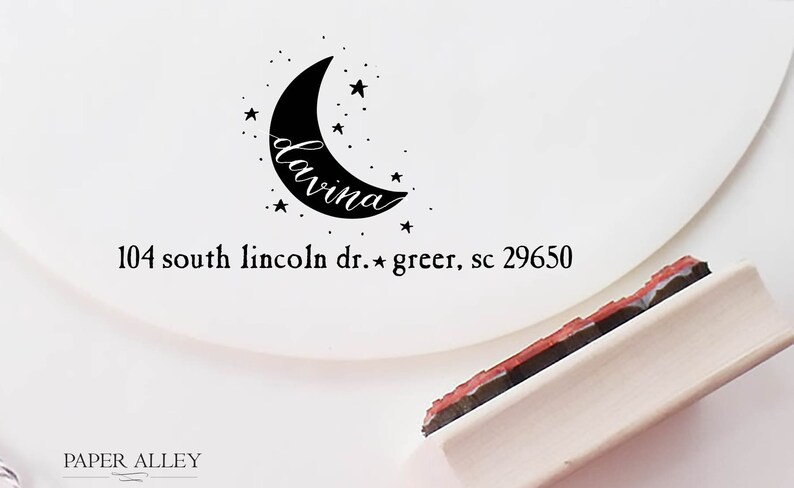Customized Moon And Stars Return Address Stamp Calligraphy Hand Lettering Invitation Stationery Wedding Housewarming Gift Celestial Wedding