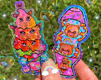 Mini Teddy Bear Lava Lamp and kitty cone  Glitter Sticker