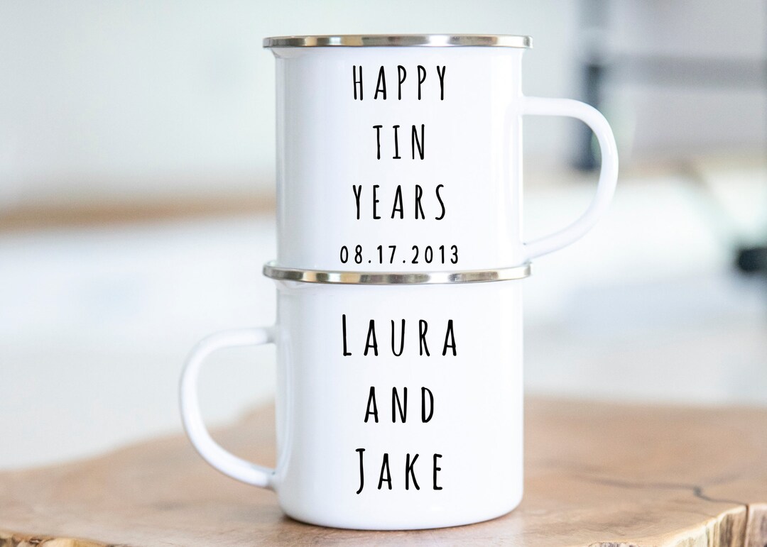 Happy Tin Years Camper Mug Custom Tin Mug Personalized 10 Year Anniversary Gift Enamel Mug Tin ...