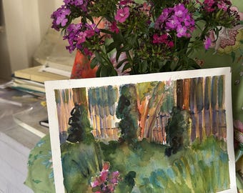 Original Watercolor Small Garden Landscape NYC