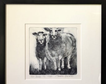 Original monotype, “Two Sheep,” framed
