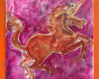Original watercolor on Aquabord, "Golden Unicorn"