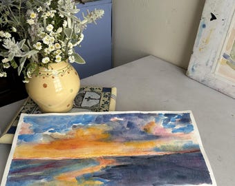 Original Watercolor Beach Landscape Long Island Sunset