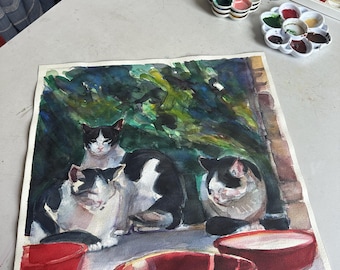 Original Watercolor Cat Painting