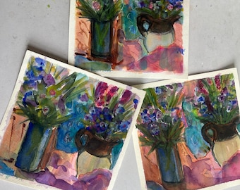 Orignial Watercolor Still Life Pink and Blue Florals