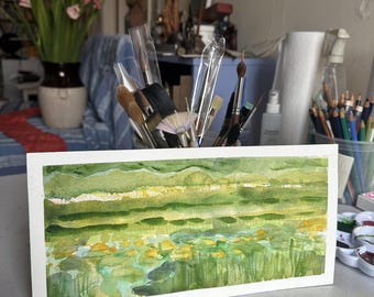 Original Watercolor Marsh Landscape Green Waterlilies Painting