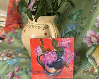 Original Watercolor Red and Pink Floral Still Life