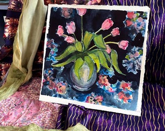 Original Watercolor Floral Still Life Tulips in a Vase