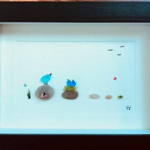 Birds sea glass, mothers gift, baby shower gift, new family. Sea glass art gift. 6&#39;&#39; x 8