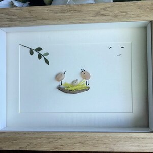 Sea Glass Birds Family Picture - Handmade Birds on Branch, New Bird Nest. Christmas and Birthday, Mother, Friends New home gift 8&quot;x6&quot;
