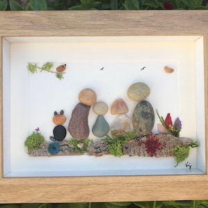Pebble art gift for family:  framed 8” x 6”.  Couple, dog, birds sing and heart. Mother, father&#39;s day, holiday gift for family and friends.