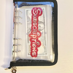 Clear Glitter Budget Binder with Black Zipper-Closure and Personalized Cash Envelope, A6 Size