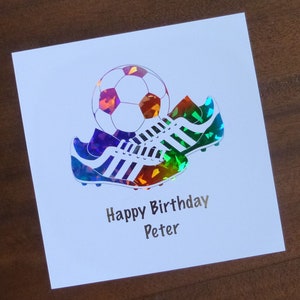 birthday card, football, personalised, handmade, happy birthday, multi coloured foil, envelope