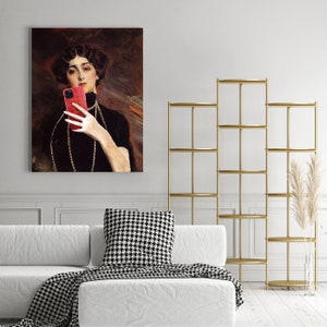 May include: A painting of a woman in a black dress holding a red smartphone in front of her face. The woman is wearing a pearl necklace and has dark hair.