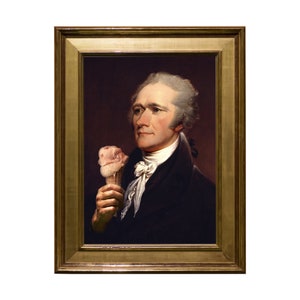 May include: A portrait of a man in a dark suit and white cravat, holding a pink ice cream cone. The portrait is framed in a gold frame.