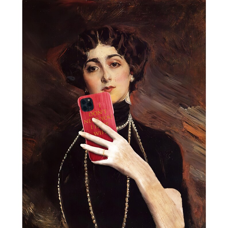 May include: A woman in a black dress and a pearl necklace holds a red phone case with the text "I don't need you I have wifi" in gold lettering.
