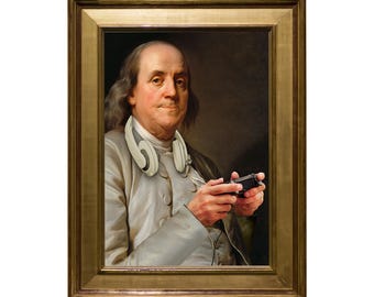 May include: A framed portrait of a man wearing a white wig and headphones, holding a video game controller. The portrait is set against a dark brown background.