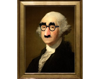 May include: A framed portrait of a man with a white wig, wearing glasses and a fake nose and mustache. The portrait is set against a brown background.