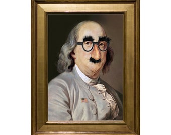 May include: A framed portrait of a man with a fake mustache, glasses, and a red, white, and blue nose. The man is wearing a gray jacket with a small American flag pin.