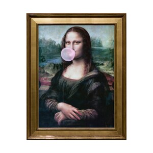 May include: A framed painting of the Mona Lisa with a pink bubble gum bubble in her mouth.