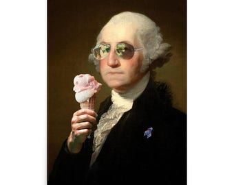 May include: A portrait of George Washington wearing aviator sunglasses and holding a pink ice cream cone. He is dressed in a black suit with a white ruffled collar. The background is a dark brown.