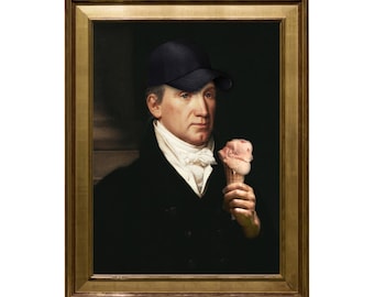 May include: A portrait painting of a man wearing a black baseball cap and a white cravat, holding a pink ice cream cone.