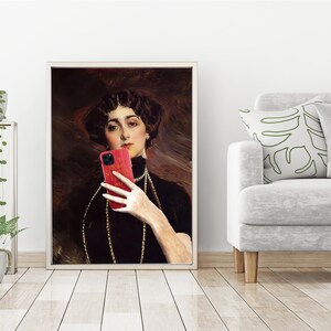 May include: A painting of a woman in a dark dress and a pearl necklace, holding a red phone case with the text "I don't know what I'm doing" in gold lettering.