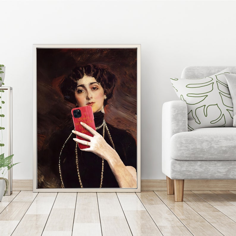 May include: A painting of a woman in a dark dress and a pearl necklace, holding a red phone case with the text "I don't know what I'm doing" in gold lettering.