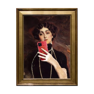 May include: A painting of a woman in a dark dress and pearls, holding a red phone case with the text "I don't need you, I've got wifi" on it.