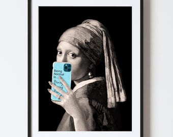 Pearl Earring Girl Art Print: Black & White Color Pop Phone Selfie Portrait (Digital Download)