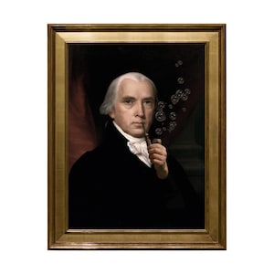 May include: A framed portrait of a man in a black coat and white cravat, holding a pipe. Bubbles float near his face. The painting has a gold frame and is set against a dark background.