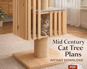 Planos de rascadores para gatos de mediados de siglo, bricolaje, torre moderna para gatos, carpintería (PDF)