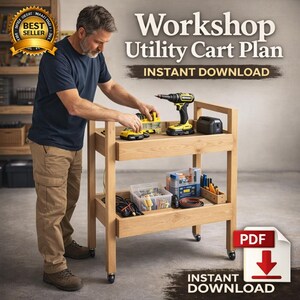 Könnte beinhalten: Hellfarbiger Werkstatt-Werkzeugwagen aus Holz mit zwei Regalen, der Werkzeuge und Zubehör enthält. Der Wagen hat Räder und trägt die Aufschrift "Workshop Utility Cart Plan - Instant Download". Eine Person benutzt den Wagen.