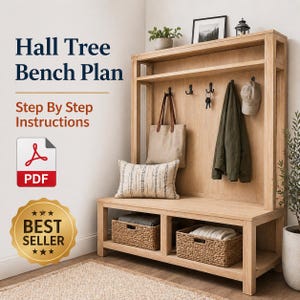 May include: A light wood hall tree bench plan with step-by-step instructions. The bench has a shelf, hooks, and storage baskets. A PDF icon and a "Best Seller" badge are visible. A tote bag, jacket, and hat hang on the hooks.